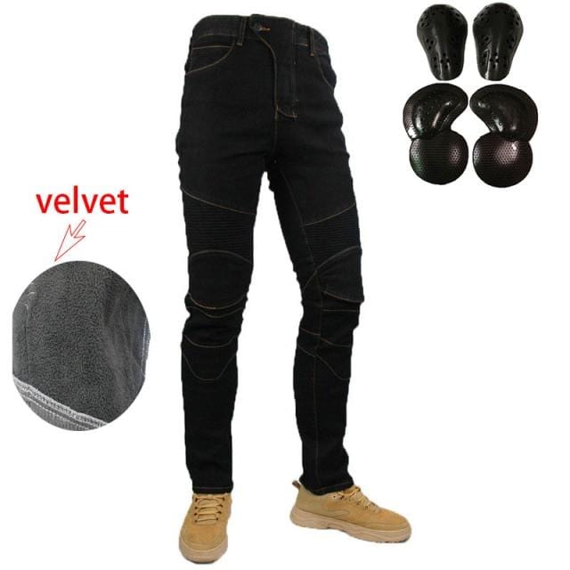 Kominie Moto Pants Plus Velvet Stretch Thick Motorcycle Rider Racing Denim Jeans Anti-fall Winter Pants With Protective Gear