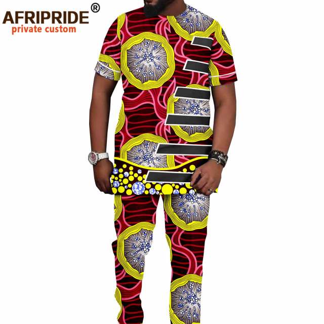 Trening Bărbați Îmbrăcăminte africană Cămăși cu imprimeu și pantaloni Ankara Ținute 2 piese Dashiki Costum bărbați Crop Top Set pantaloni A2116016