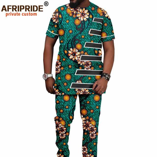 Tracksuit Men African Clothing Print Shirts and Ankara Pants 2 Piece Outfits Dashiki Men Suit Crop Top Trousers Set A2116016