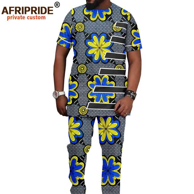 Tracksuit Men African Clothing Print Shirts and Ankara Pants 2 Piece Outfits Dashiki Men Suit Crop Top Trousers Set A2116016