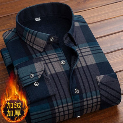 Spring Winter Men's Long Sleeve Plaid Flannel Fur Lined Thick Work Shirts fleece warm long sleeve shirt for men dress shirts