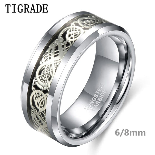 Tigrade 6/8mm Men Silver Color Tungsten Carbide Ring Luxury Wedding Band Dragon Inlay Fashion Jewelry Comfort Fit anel masculin