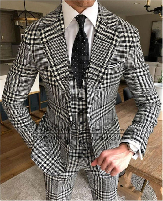 Costume pentru bărbați în carouri de modă, jachetă 3 piese, set de pantaloni, slim fit, formală, de afaceri, blazer pentru nuntă, smoking de mire, costum masculin