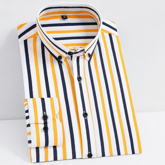 Men&#39;s Fashion Non-iron Stretch Soft Casual Striped Shirts Pocketless Design Long Sleeve Standard-fit Youthful Button-down Shirt