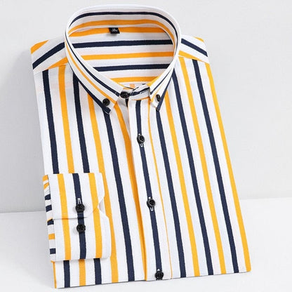 Men's Fashion Non-iron Stretch Soft Casual Striped Shirts Pocketless Design Long Sleeve Standard-fit Youthful Button-down Shirt