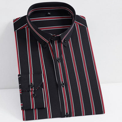 Men's Fashion Non-iron Stretch Soft Casual Striped Shirts Pocketless Design Long Sleeve Standard-fit Youthful Button-down Shirt