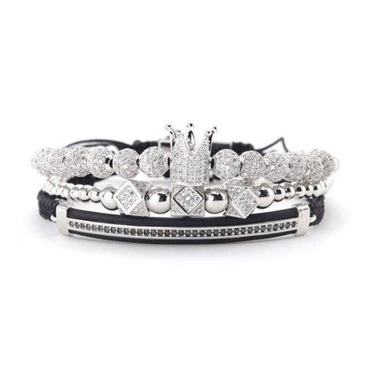 3pcs/set Gold Luxury CZ crown Charm stainless steel beads bracelet stacks handmade men bracelets &amp; bangles for Men Jewelry
