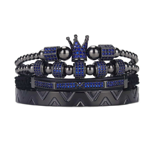 Set de brățări pentru bărbați de lux Royal King Crown Mărgele din oțel inoxidabil Blue fantoma CZ Ball Brățări și brățări pentru bărbați Bijuterii