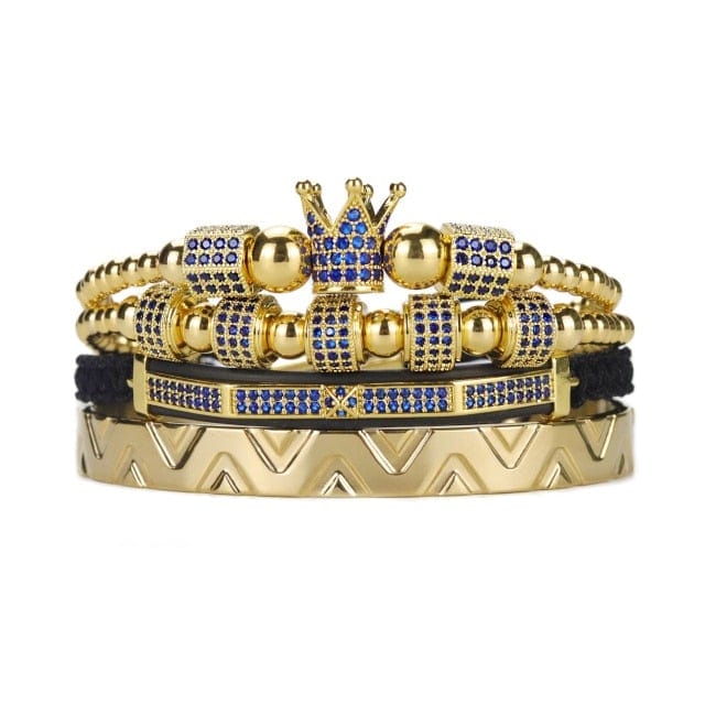 Set de brățări pentru bărbați de lux Royal King Crown Mărgele din oțel inoxidabil Blue fantoma CZ Ball Brățări și brățări pentru bărbați Bijuterii