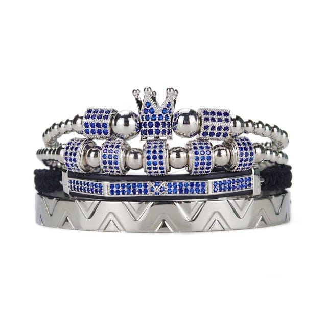 Set de brățări pentru bărbați de lux Royal King Crown Mărgele din oțel inoxidabil Blue fantoma CZ Ball Brățări și brățări pentru bărbați Bijuterii
