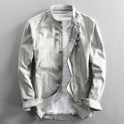 Men Spring Autumn Fashion Japan Vintage Style Premium Linen Stand Collar Slim Fit Single Breasted Simple Design Casual Shirts