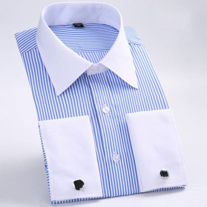 Men's Dress Shirts Loose Tuxedo French Cuff Regular Fit Luxury Striped Business Long Sleeve Cufflinks Social Pluse Size 6XL