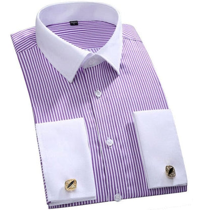 Men's Dress Shirts Loose Tuxedo French Cuff Regular Fit Luxury Striped Business Long Sleeve Cufflinks Social Pluse Size 6XL