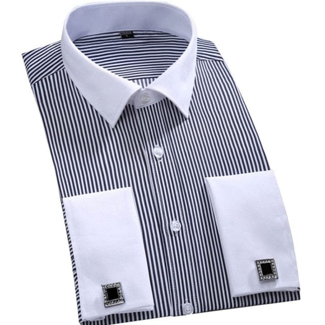 Men&#39;s Dress Shirts Loose Tuxedo French Cuff Regular Fit Luxury Striped Business Long Sleeve Cufflinks Social Pluse Size 6XL