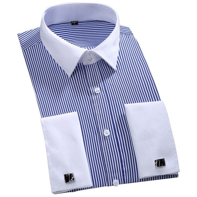 Men&#39;s Dress Shirts Loose Tuxedo French Cuff Regular Fit Luxury Striped Business Long Sleeve Cufflinks Social Pluse Size 6XL