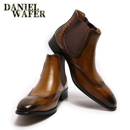 Luxury Chelsea Boots Genuine Leather Men's Ankle Boots High Grade Slip On Buckle Strap Wingtip Brown Black Shoes Basic Boots Men