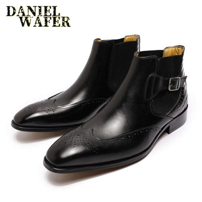 Luxury Chelsea Boots Genuine Leather Men's Ankle Boots High Grade Slip On Buckle Strap Wingtip Brown Black Shoes Basic Boots Men