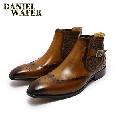 Luxury Chelsea Boots Genuine Leather Men's Ankle Boots High Grade Slip On Buckle Strap Wingtip Brown Black Shoes Basic Boots Men