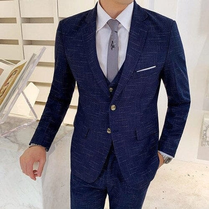 Wedding Party Blue Stripe 3 piece Men Single Breasted Striped Blazer Jacket Men Vest With Pant Slim Fit Mens Suits