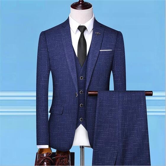 Wedding Party Blue Stripe 3 piece Men Single Breasted Striped Blazer Jacket Men Vest With Pant Slim Fit Mens Suits
