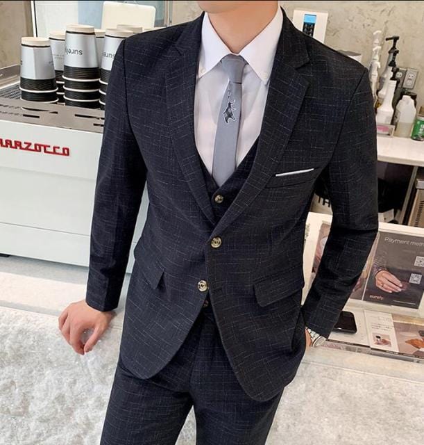 2021 Wedding Party Blue Stripe 3 piece Men Single Breasted Striped Blazer Jacket Men Vest With Pant Slim Fit Mens Suits