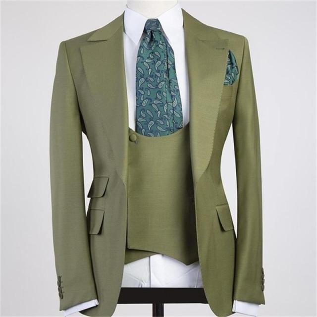 Latest Design Green Peal Lapel With One Button Men Suits 3 Pieces Costum Homme Groom Wedding Terno Masculino Slim Fit Blazer