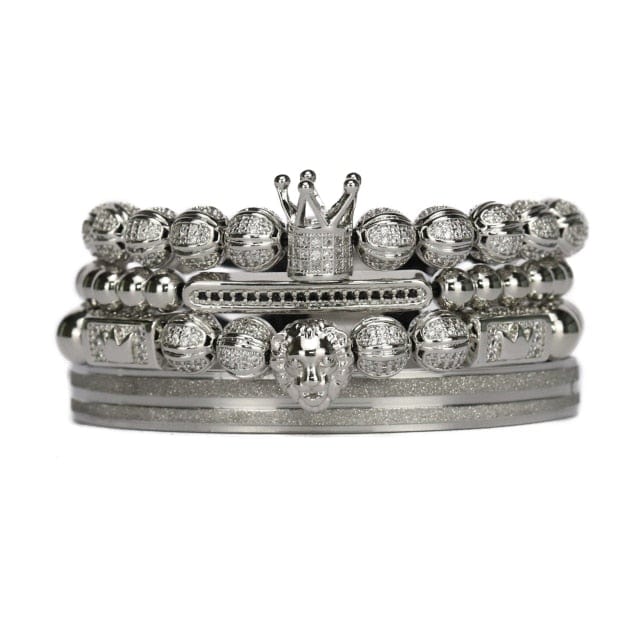 coroană rege de lux, leu, mărgele din oțel inoxidabil, set de brățări cu bile cz, brățări și brățări pentru bărbați lucrate manual, bijuterii pentru bărbați