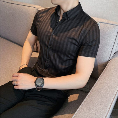 High Quality Summer Short Sleeve Striped Shirts For Men Clothing  Simple Luxury Slim Fit Business Casual Formal Wear Blouses