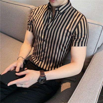 High Quality Summer Short Sleeve Striped Shirts For Men Clothing  Simple Luxury Slim Fit Business Casual Formal Wear Blouses
