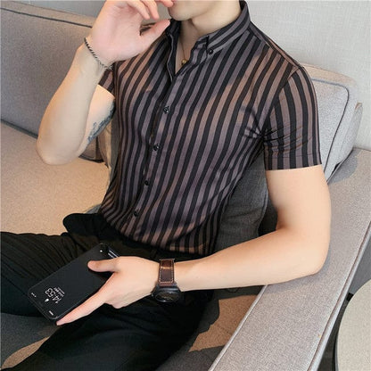 High Quality Summer Short Sleeve Striped Shirts For Men Clothing  Simple Luxury Slim Fit Business Casual Formal Wear Blouses