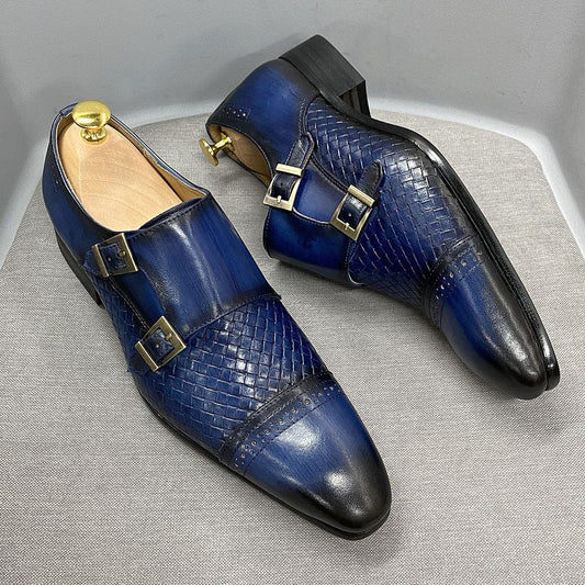 Pantofi de rochie de mireasă clasici de lux pentru bărbați, negru, albastru, din piele de vaca reală, cu cataramă călugărică, cu vârf ascuțit, pantofi Oxford pentru bărbați