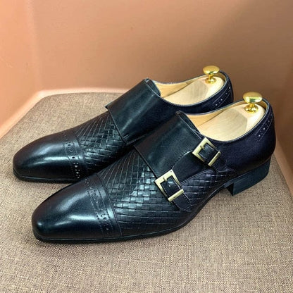 Luxury Classic Mens Wedding Dress Shoes Black Blue Real Cow Leather Monk Buckle Strap Pointed Toe Oxford Loafer Shoes for Men
