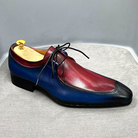 Pantofi oxford pentru bărbați, vintage, albastru și roșu, design în culori mixte, pantofi rochii din piele de vacă autentică, pantofi formali de birou, cu șireturi