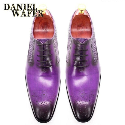 Luxury Men's Oxford Genuine Leather Shoes Snake Skin Prints Fashion Men Dress Shoes Black Purple Lace Up Square Formal Shoes Men