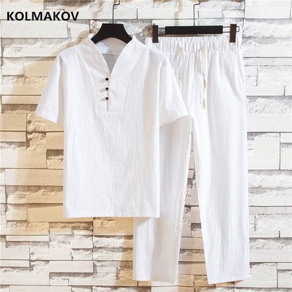(Shirt + trousers)  summer fashion men shirt Man Cotton and linen shirts Short sleeve men's casual shirts men size M to 5XL