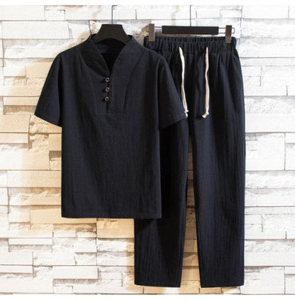 (Shirt + trousers)  summer fashion men shirt Man Cotton and linen shirts Short sleeve men's casual shirts men size M to 5XL