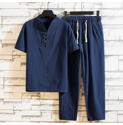 (Shirt + trousers)  summer fashion men shirt Man Cotton and linen shirts Short sleeve men's casual shirts men size M to 5XL