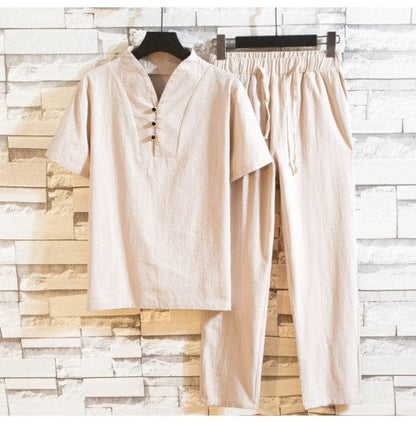 (Shirt + trousers)  summer fashion men shirt Man Cotton and linen shirts Short sleeve men's casual shirts men size M to 5XL