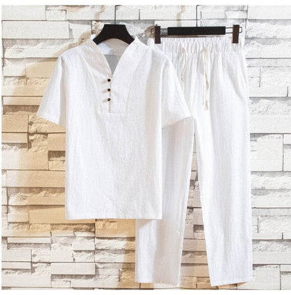 (Shirt + trousers)  summer fashion men shirt Man Cotton and linen shirts Short sleeve men's casual shirts men size M to 5XL