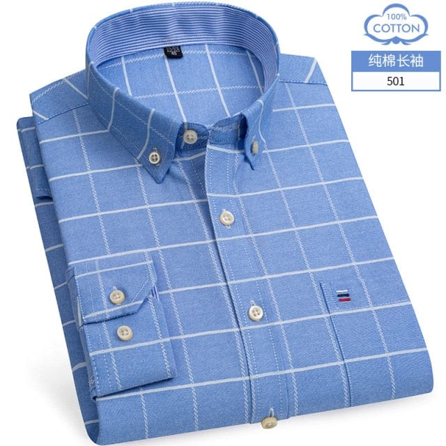 S- 6XL Oxford Shirts For Mens Long Sleeve Cotton Casual Dress Shirts Male Solid Plaid Chest Pocket Regular-Fit Man Social Shirt