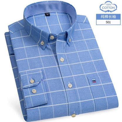 S- 6XL Oxford Shirts For Mens Long Sleeve Cotton Casual Dress Shirts Male Solid Plaid Chest Pocket Regular-Fit Man Social Shirt