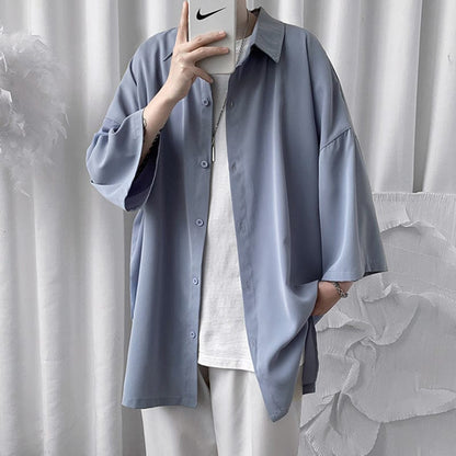 HYBSKR  Summer Men Shirts Korean Style Loose Male Shirts Solid Color Short Sleeve Tops Man Baggy Casual Couple Clothes