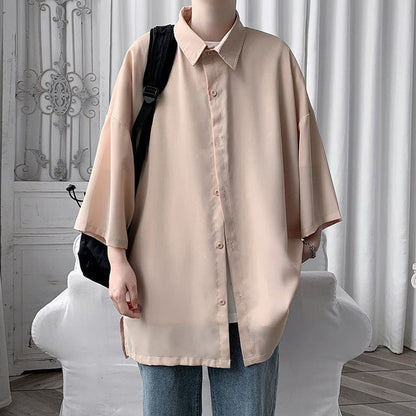 HYBSKR  Summer Men Shirts Korean Style Loose Male Shirts Solid Color Short Sleeve Tops Man Baggy Casual Couple Clothes