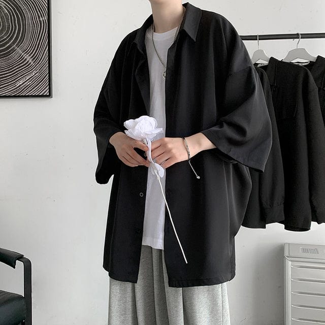 HYBSKR  Summer Men Shirts Korean Style Loose Male Shirts Solid Color Short Sleeve Tops Man Baggy Casual Couple Clothes
