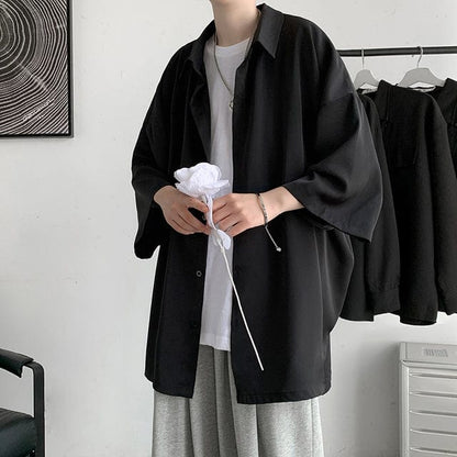 HYBSKR  Summer Men Shirts Korean Style Loose Male Shirts Solid Color Short Sleeve Tops Man Baggy Casual Couple Clothes