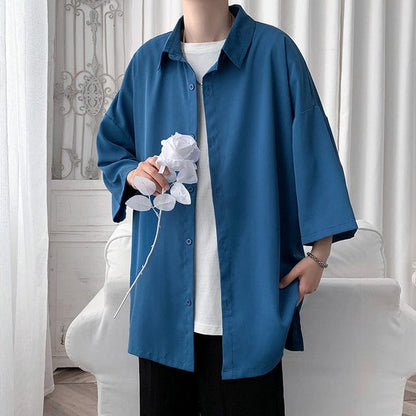 HYBSKR  Summer Men Shirts Korean Style Loose Male Shirts Solid Color Short Sleeve Tops Man Baggy Casual Couple Clothes