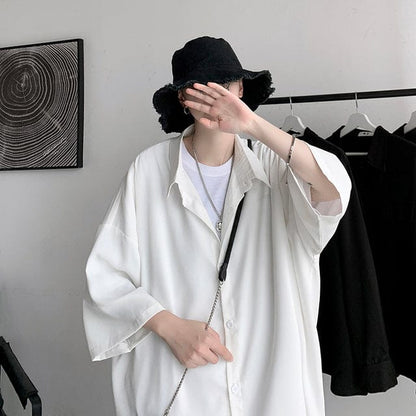 HYBSKR  Summer Men Shirts Korean Style Loose Male Shirts Solid Color Short Sleeve Tops Man Baggy Casual Couple Clothes