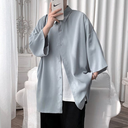 HYBSKR  Summer Men Shirts Korean Style Loose Male Shirts Solid Color Short Sleeve Tops Man Baggy Casual Couple Clothes