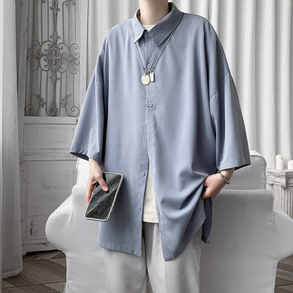 HYBSKR  Summer Men Shirts Korean Style Loose Male Shirts Solid Color Short Sleeve Tops Man Baggy Casual Couple Clothes