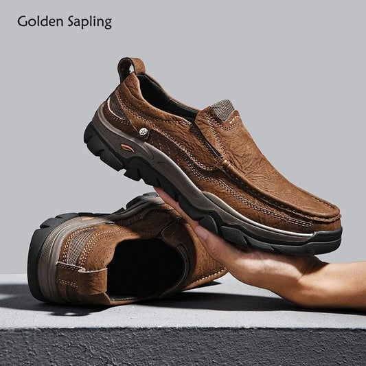 Golden Sapling Genuine Leather Men&#39;s Loafers Fashion Casual Shoes Classics Slip on Leisure Flats Retro Outdoor Mountain Shoe Men